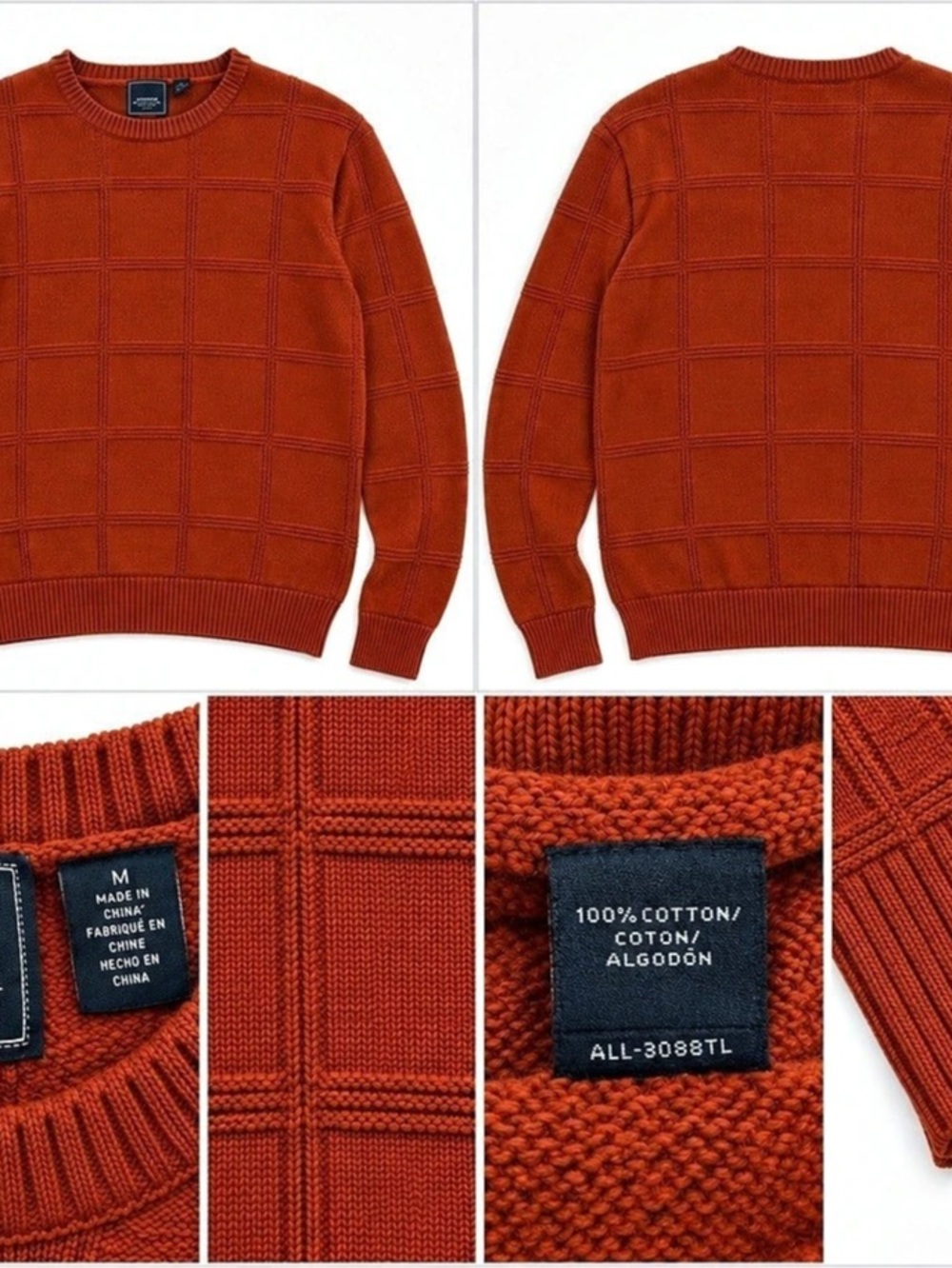 Arrow Men’s M Burnt Orange 100% Cotton Textured Grid Crewneck Sweater